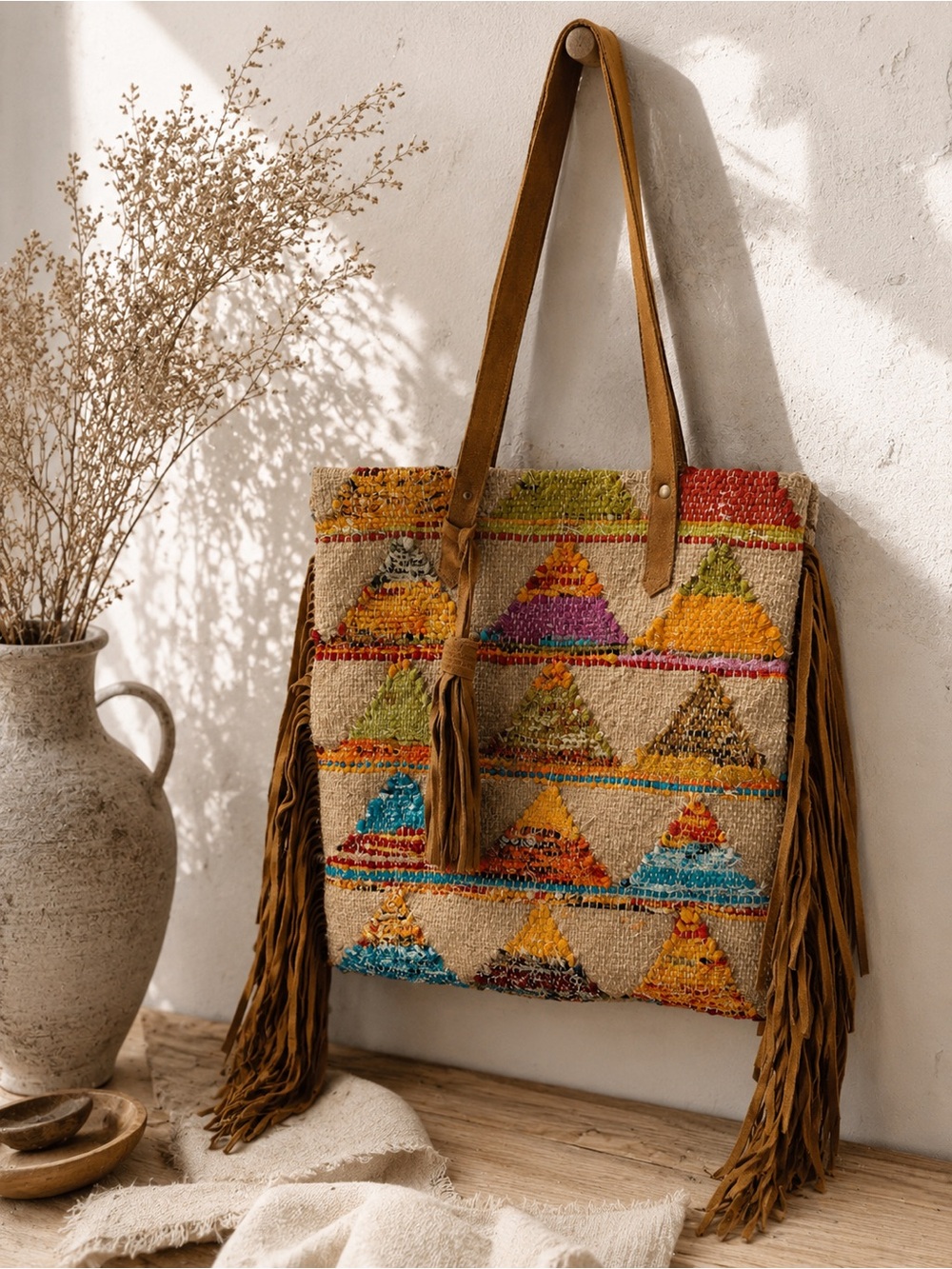 Lovestitch Artisan Fringe Tote | Woven Boho Shoulder Bag | Suede Fringe & Tassel